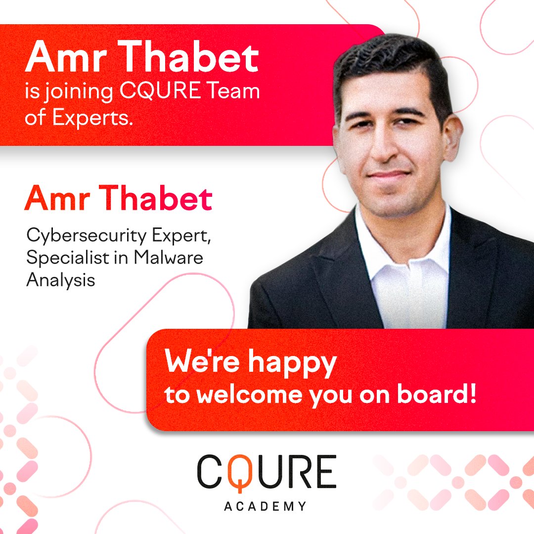 CQURE Academy (@cqureacademy) on Twitter photo 📢 Time for great news!
We are proud to inform you that <a href="/Amr_Thabet/">Amr Thabet</a> is joining our team of Cybersecurity Experts at <a href="/CQUREAcademy/">CQURE Academy</a>!
🧠 Amr has over 12 years of experience in the Cybersecurity industry and unique expertise in malware handling topics.
👋 Amr, welcome aboard! 📢 Time for great news!
We are proud to inform you that <a href="/Amr_Thabet/">Amr Thabet</a> is joining our team of Cybersecurity Experts at <a href="/CQUREAcademy/">CQURE Academy</a>!
🧠 Amr has over 12 years of experience in the Cybersecurity industry and unique expertise in malware handling topics.
👋 Amr, welcome aboard!
