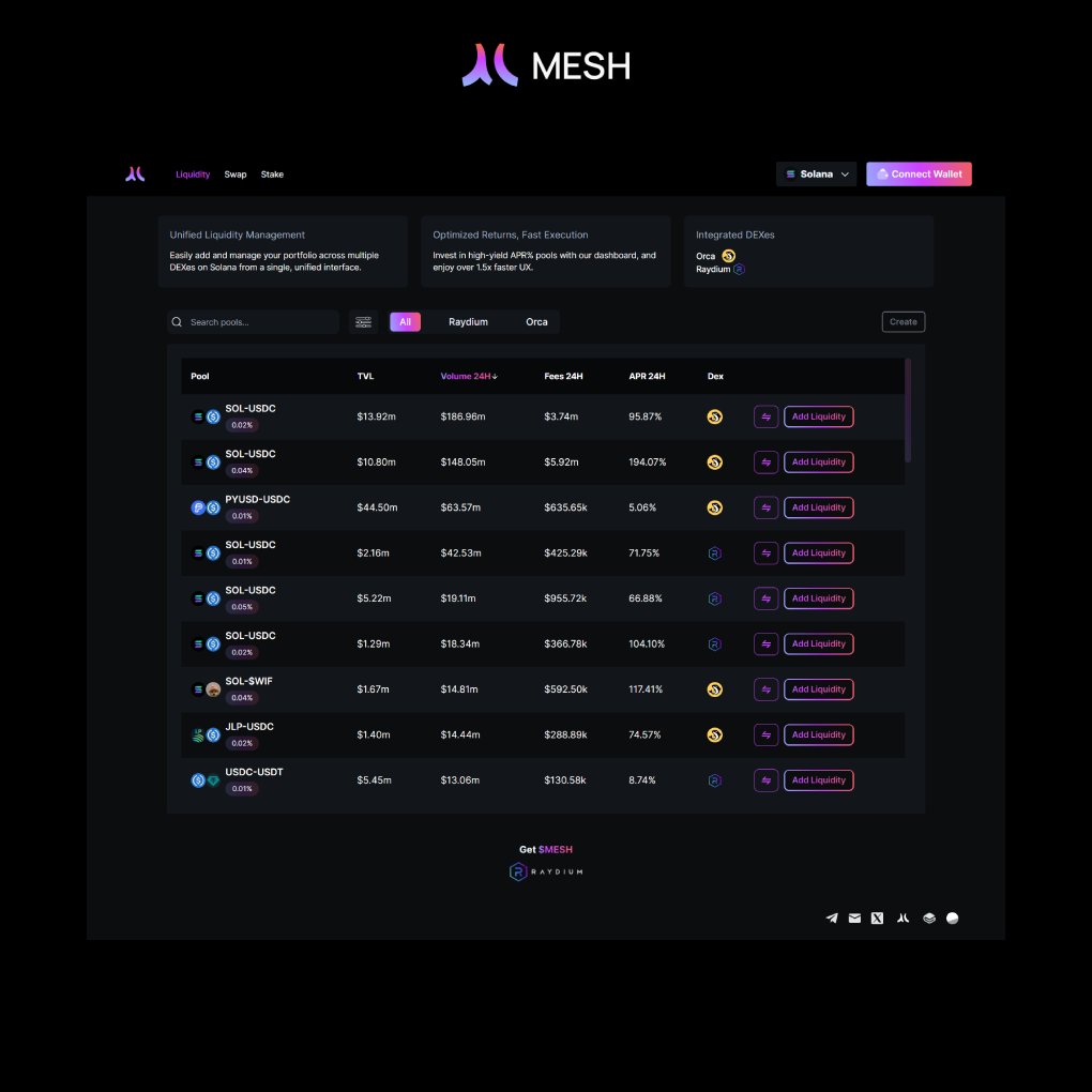 Mesh_Protocol's tweet image. Ready to become a liquidity provider?
Go to our Unified Liquidity Interface dashboard and choose the best pair for yourself based on TVL, volume, fee, APR%, and DEX to add your liquidity! 
app.meshprotocol.xyz

$SOL $MESH #Solana