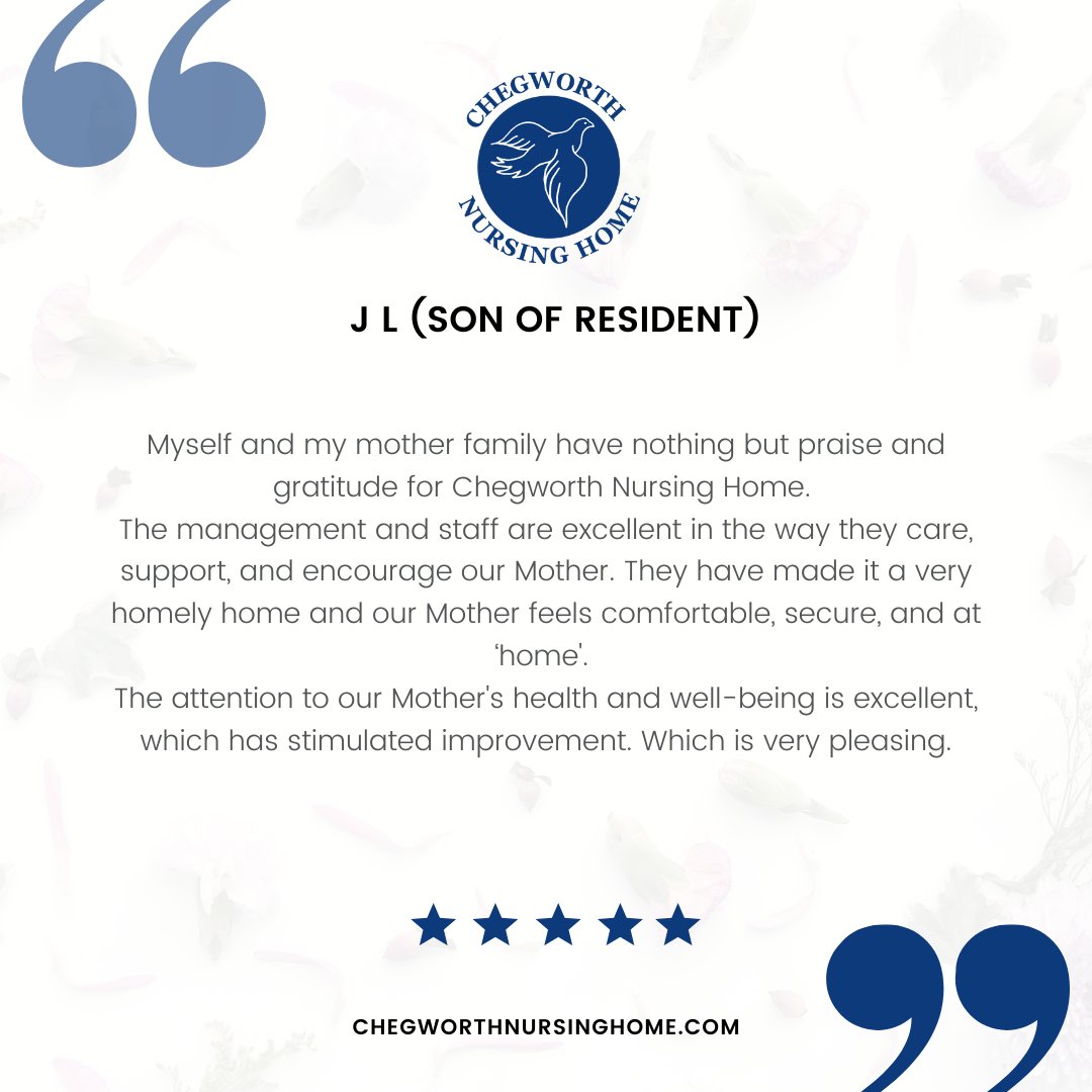 ChegworthHome's tweet photo. Another positive review from one of our resident's family members! 🥰

If you have a loved one residing at our home, we would love to hear your feedback.

Click the link: https://t.co/nCTjgi4dnu

#ChegworthNursingHome #CareUK #PositiveReview https://t.co/N8r1FRGkJc