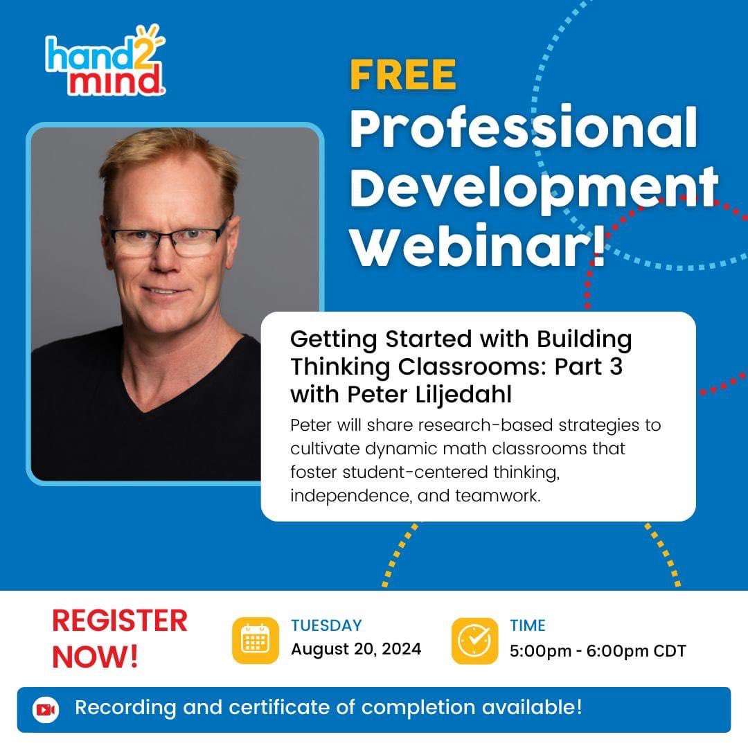 Rob Curran (@_bertsy) on Twitter photo Exciting news! Author of Building Thinking Classrooms, Peter Liljedahl, is returning for a 3rd webinar with Hand2mind, Getting Started with Building Thinking Classrooms: Part 3, Tuesday, 8/20, 5:00 – 6:00pm CDT
Register here! attendee.gotowebinar.com/register/60316…
<a href="/BTCthinks/">Building Thinking Classrooms</a> <a href="/pgliljedahl/">Peter Liljedahl</a> #BTC Exciting news! Author of Building Thinking Classrooms, Peter Liljedahl, is returning for a 3rd webinar with Hand2mind, Getting Started with Building Thinking Classrooms: Part 3, Tuesday, 8/20, 5:00 – 6:00pm CDT
Register here! attendee.gotowebinar.com/register/60316…
<a href="/BTCthinks/">Building Thinking Classrooms</a> <a href="/pgliljedahl/">Peter Liljedahl</a> #BTC