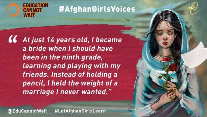 KentPage's tweet photo. 💔Three Years💔

"At just 14, I became a bride when I should have been in 9th grade, learning &amp; playing with my friends. Instead of holding a pencil I held the weight of a marriage I never wanted."

Please retweet @EduCannotWait's #AfghanGirlsVoices👉https://t.co/qUfOsKQzg6 #UN https://t.co/q3odCQDKdN