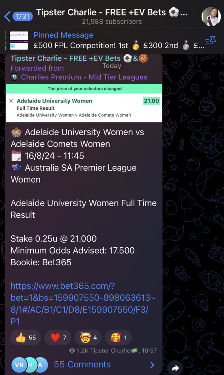 TipsterCharlie's tweet photo. The weekend has started for people in our free telegram…

Adelaide Uni @ 21.00 ✅

This was only shared to our free telegram, so join up in the replies.

Let’s see another big dog today! https://t.co/Zw2QW0oOLx