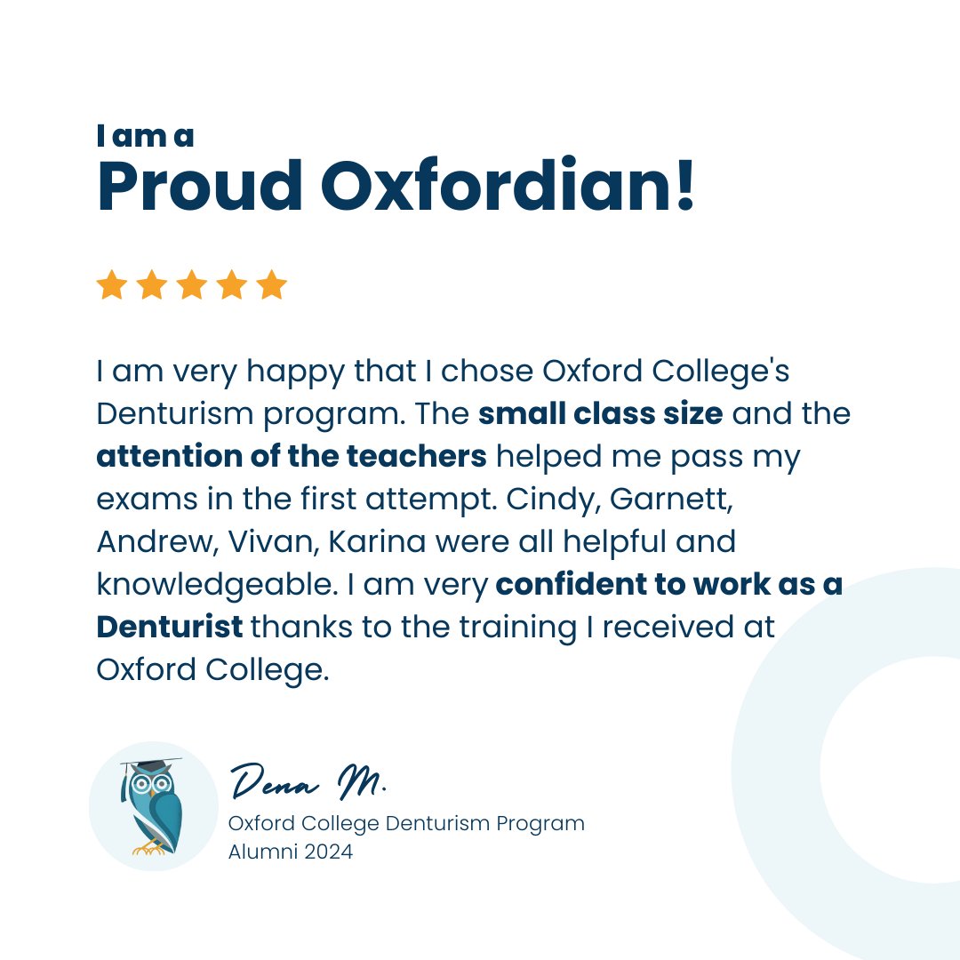 oxfordedu's tweet photo. Small class sizes and personalized attention from our excellent team of instructors made all the difference for Dena. Feeling confident about working as a Denturist is what it’s all about! https://t.co/UJhKK8MpTL
