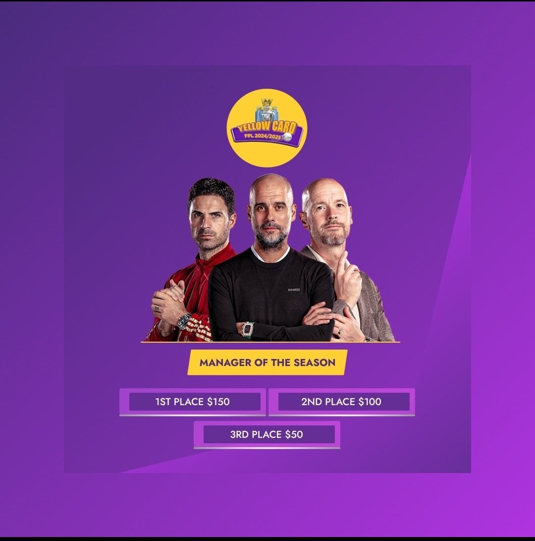 🚨YELLOW CARD FPL IS BACK!!!🚨

You think you know ball? Prove it and win big! $1500 is up for grabs for FREE! Come battle with us in the Yellow Card FPL Mini-League. 

$1500 to be shared among the Top 3 managers at the end of the season and Top 15 managers every month. 

1/2