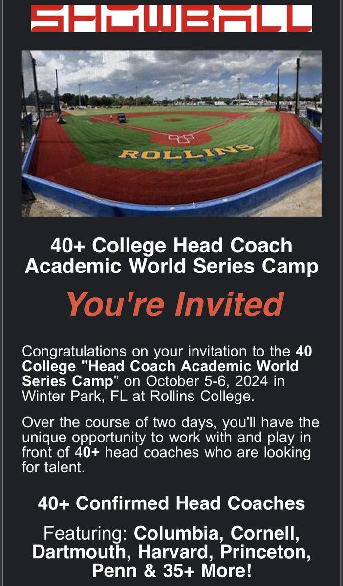 Oct 5-6th ⁦<a href="/RollinsBaseball/">Rollins Baseball</a>⁩ Winter Park, FL, Head Coach High Academic Camp Be Seen By The Decision Makers! ⁦<a href="/axcessbaseball/">Axcess Baseball LI</a>⁩ ⁦<a href="/ptwsports/">Play to Win (PTW)</a>⁩ ⁦<a href="/DaveSerrano11/">Dave Serrano</a>⁩ ⁦<a href="/BUncommitted/">Baseball_Uncommitted</a>⁩ ⁦<a href="/PrepBaseballFL/">Prep Baseball Florida</a>⁩
