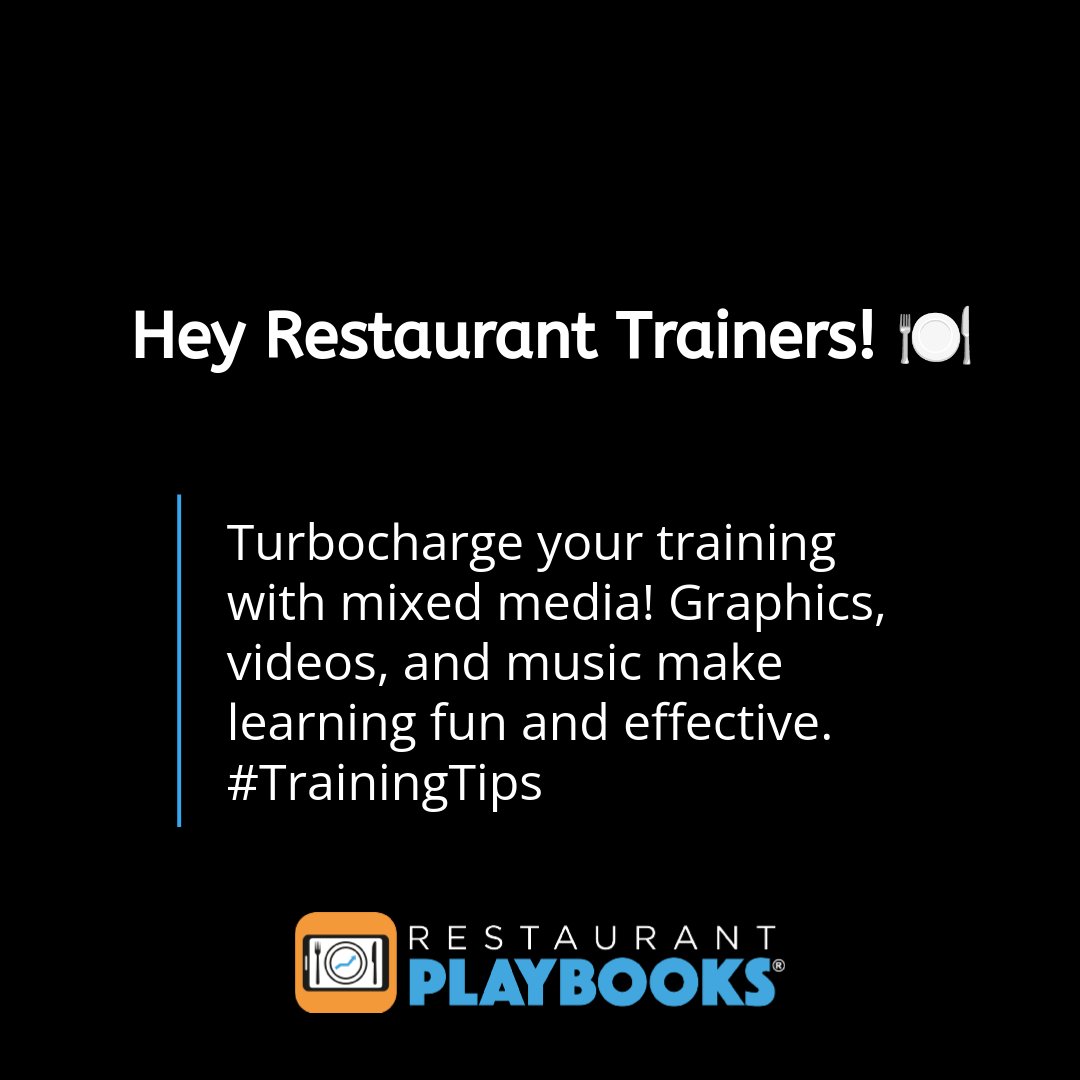 RPlaybooks's tweet photo. Using mixed media like graphics, photos, videos, animations, voiceovers, and music makes microlearning engaging and effective for restaurant staff training. 

#TrainingTips 🍽️ https://t.co/Ojrl4oNgU3
