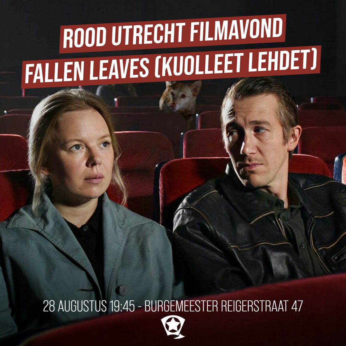 ROODUtrecht's tweet photo. Kom naar de ROOD Utrecht filmavond waar we Fallen Leaves (2023) kijken!

Twee eenzame zielen van de onderbodem van de samenleving treffen elkaar per toeval tijdens een doorsnee nacht in Helsinki. Beiden op zoek naar de eerste, enige en ultieme liefde van hun leven. https://t.co/Ks5mAJLSve