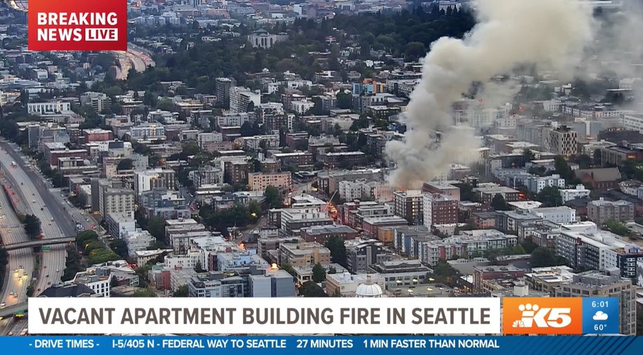 Jake Whittenberg (@jwhittenbergk5) on Twitter photo BREAKING: A 2-alarm fire is burning in a vacant apartment building in Seattle's Capitol Hill Neighborhood.
Smoke can be seen for miles.
Our <a href="/DrewJandre/">Drew Andre</a> is there LIVE with the latest on <a href="/KING5Seattle/">KING 5 News</a>. BREAKING: A 2-alarm fire is burning in a vacant apartment building in Seattle's Capitol Hill Neighborhood.
Smoke can be seen for miles.
Our <a href="/DrewJandre/">Drew Andre</a> is there LIVE with the latest on <a href="/KING5Seattle/">KING 5 News</a>.