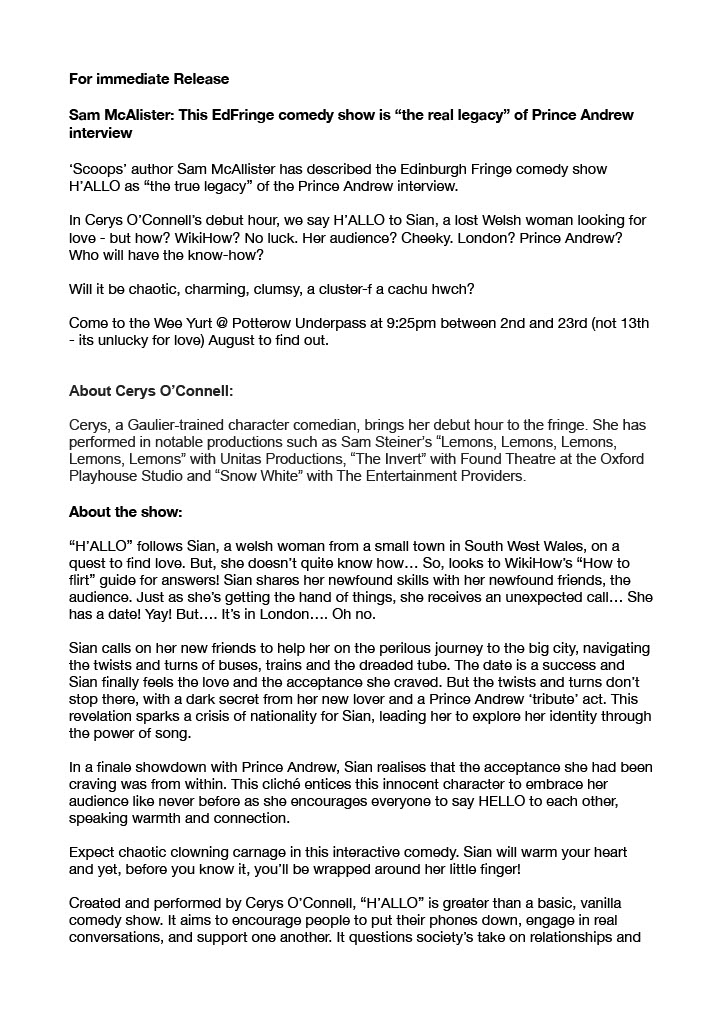 cerys_connell's tweet photo. @katie_suitor @knockouttheatre New Female Comedy Writing by Cerys O'Connell

Sam McAlister: This EdFringe comedy show is “the real legacy” of Prince Andrew interview https://t.co/iZwlintfzv