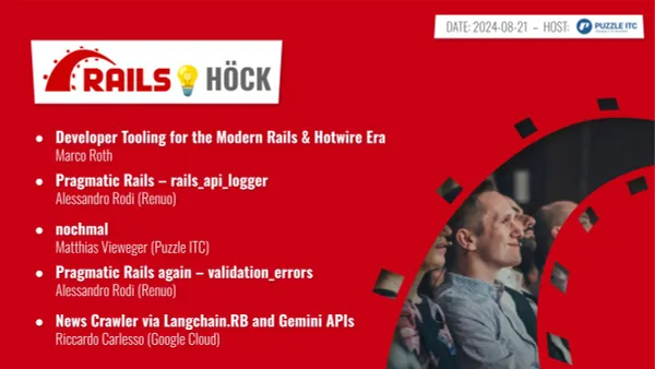 Marco Roth (@marcoroth_) on Twitter photo Come join us in Zurich, Switzerland next week for the Rails Meetup hosted by <a href="/PuzzleITC/">Puzzle ITC</a> and organized by <a href="/renuo/">Renuo AG</a>!
We got talks from <a href="/coorasse/">Alessandro Rodi</a>, @der_kronn, <a href="/palladius/">Riccardo C 🇺🇦</a>, and myself!
Looking forward to see you there! Come join us in Zurich, Switzerland next week for the Rails Meetup hosted by <a href="/PuzzleITC/">Puzzle ITC</a> and organized by <a href="/renuo/">Renuo AG</a>!
We got talks from <a href="/coorasse/">Alessandro Rodi</a>, @der_kronn, <a href="/palladius/">Riccardo C 🇺🇦</a>, and myself!
Looking forward to see you there!