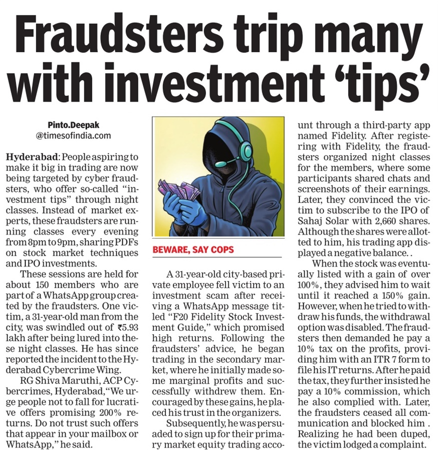 PintodeepakD's tweet image. Night Classes for providing investment tips for those dreaming to make big in share markets- Not by market experts, but by cybercriminals on a prowl to loot people. Cops caution investors
#nightclasses #MarketingTips #sharemarket #CybersecurityNews 
@TOIHyderabad