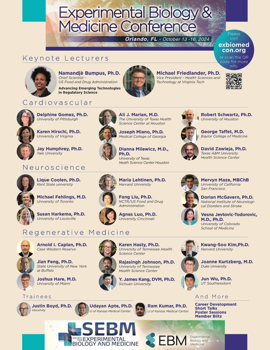 🗓️ Save the date: Oct 13-16, 2024!
SEBM Council organizes the Experimental Biology &amp; Medicine Conference in Kissimmee, FL!
The EBMC is an interdisciplinary event bringing together established scientists and trainees.📚
👉Register here: exbiomedcon.org