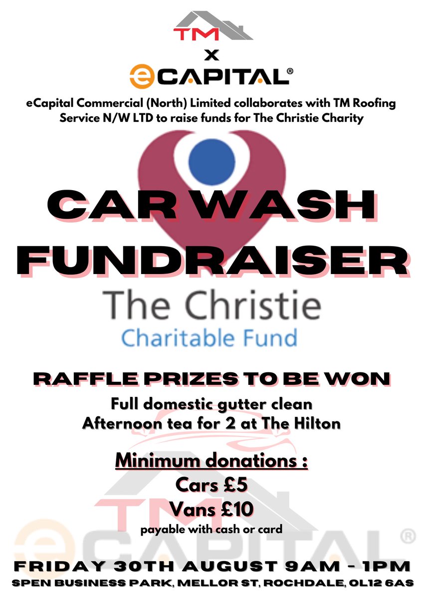 Our Manchester office are excited to be working with <a href="/tmroofings/">TM Roofing Service</a> for a Charity Car Wash event! They will be raising funds to support <a href="/TheChristie/">The Christie Charity</a>, leading experts in cancer care. If you are in the area, come along to join us in aid of a great cause!

#charitychallenge #fundraisng