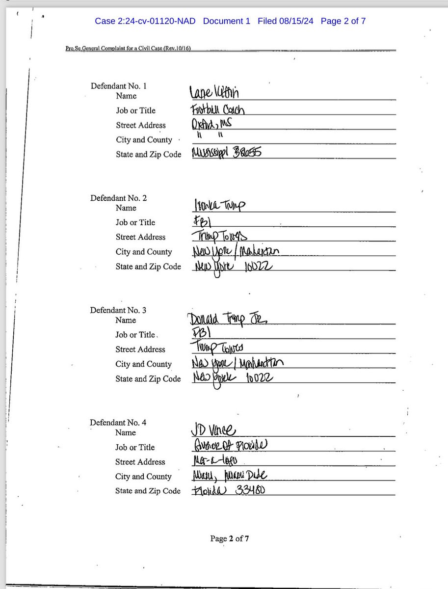 BunkiePerkins's tweet image. Some lady in Alabama sued Lane Kiffin, Ivanka Trump, Donald Trump Jr, and JD Vance for “$6 gazillion” in federal court yesterday. I just hope justice is served.