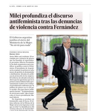 juanfloreschaar's tweet photo. 🇪🇸 | El diario "El País" de España, en lugar de destacar que Alberto Fernández, asesor de Sánchez, golpeaba a su esposa embarazada, titula que @JMilei intensifica su discurso antifeminista. 🙄💸 ¿Será que siempre, donde hay socialismo, hay periodistas financiados con dinero público? 🤔