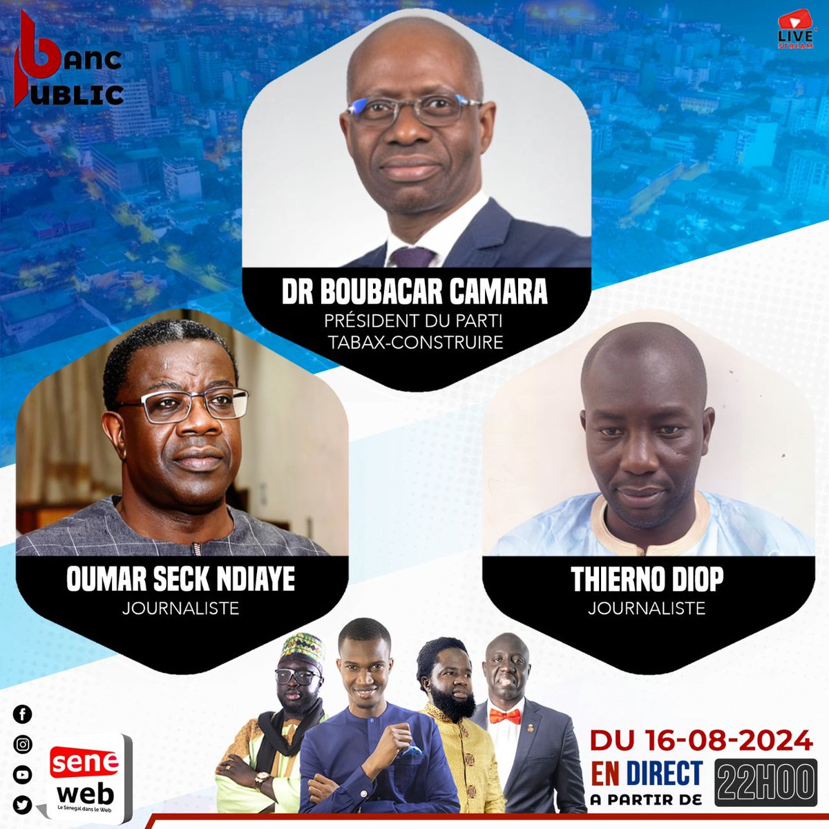 Boubacarcamou's tweet photo. Cher réseau,
ce vendredi 16 août 2024 à partir de 22h00, Kamâh est l'invité de l’émission « Banc Public » de Seneweb.
#Seneweb #banc_public #BoubacarCamara #TabaxConstruire #Senegal #Politique #DiomayePrésident #TABAX https://t.co/9HnolbgeTv