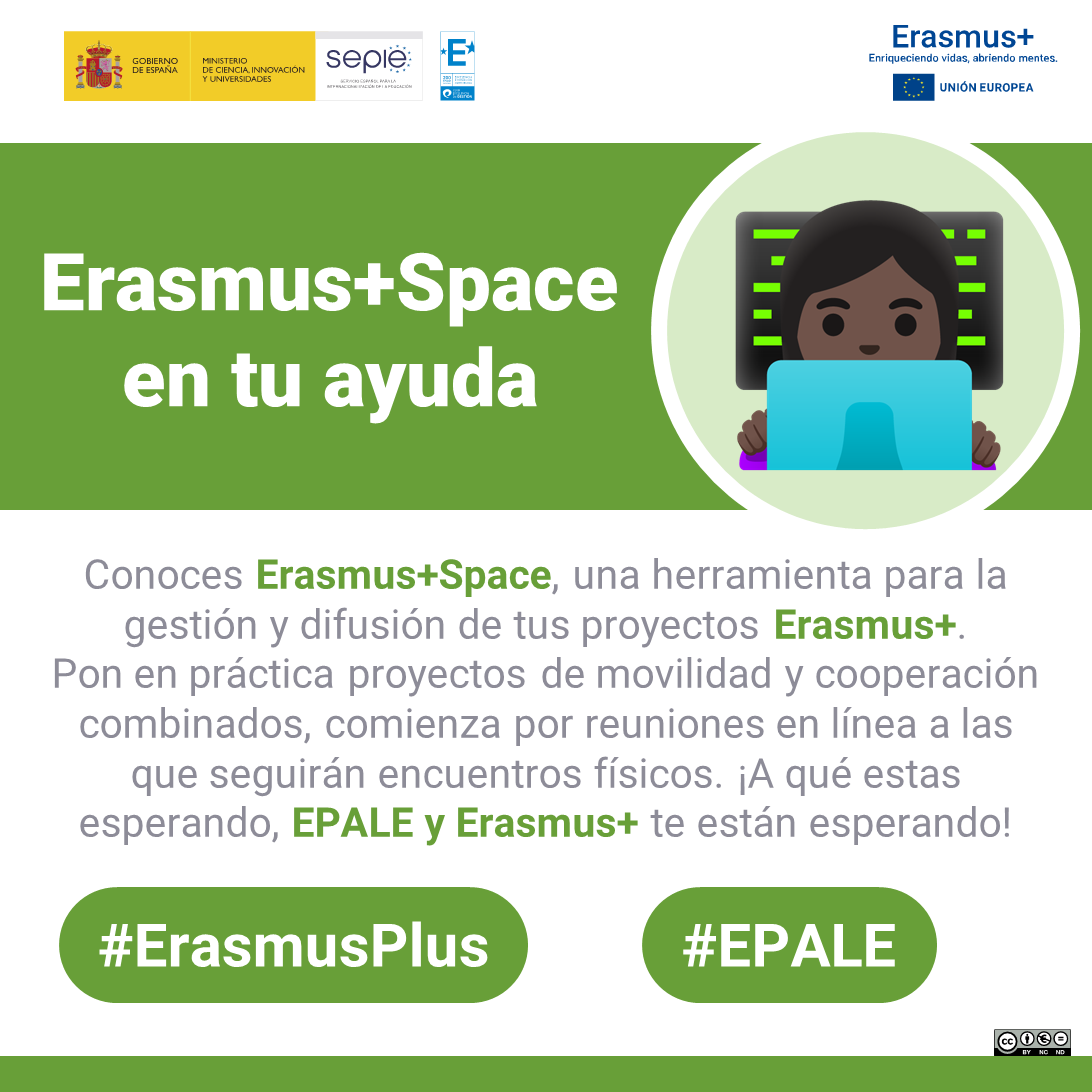 Erasmus+ Space en tu ayuda.

Se trata de una herramienta para la gestión y difusión de tus proyectos Erasmus+. Pon en práctica proyectos de movilidad y cooperación combinados, comienza por reuniones en línea a las que seguirán encuentros físicos.