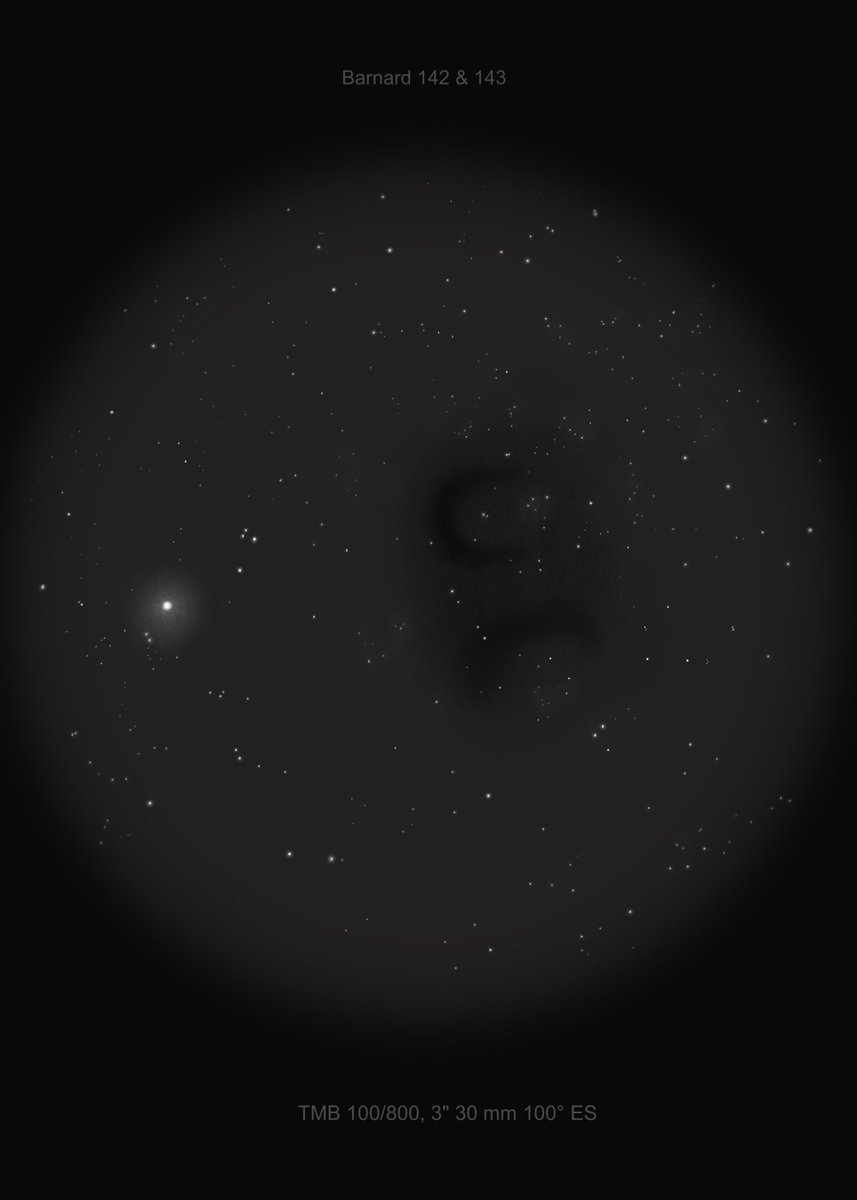 EstelarDe's tweet photo. Barnard 142 &amp; 143 is a dark cloud in Aquila. The sketch shows the visual appearance of that beautiful nebula seen through my 4 inch Apo using a 3 inch 100° ES eyepiece. https://t.co/o1fyzZ1ElO