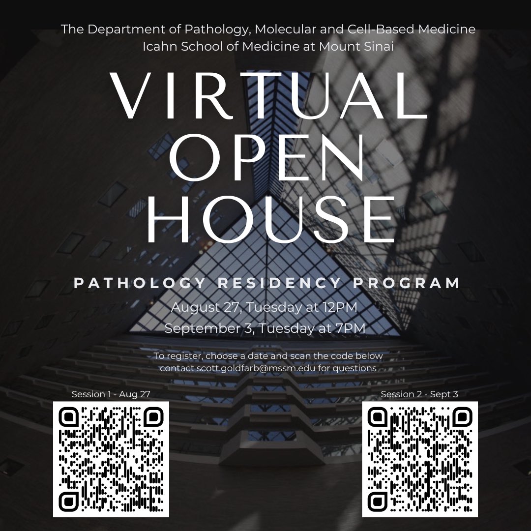 We’ll be holding two virtual open houses at Mount Sinai pathology for the upcoming interview season- scan or click the links to register!

August 27 at 12:00 pm 
mountsinai.zoom.us/meeting/regist…

September 3 at 7:00 pm  
mountsinai.zoom.us/meeting/regist…