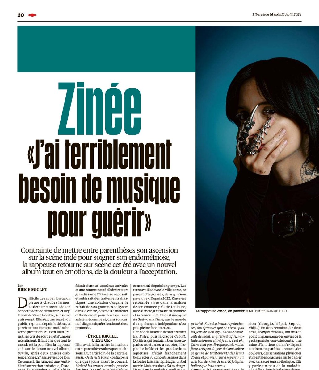 Pour <a href="/libe/">Libération</a> , rencontre avec <a href="/Zinee313/">Zinée</a> .

"J'ai une envie, celle de montrer qu'être fragile, malade même en étant jeune, c'est ok. Ça ne veut pas dire que je suis moins forte. Je suis suis quarante fois plus balèze que les autres.

liberation.fr/culture/musiqu…