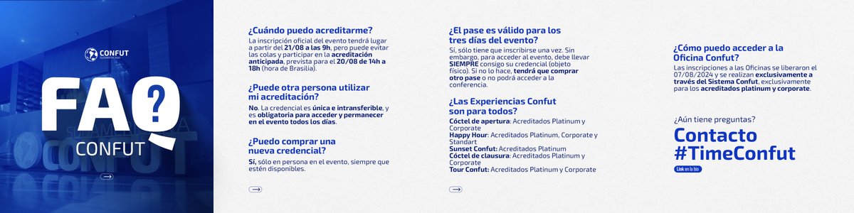 ❓ ¡Usted puede tener algunas preguntas aquí!

A medida que se acerca Confut Sudamericana 2024, algunas preguntas relacionadas con acreditaciones, talleres, tours y demás son bastante comunes.

✅Aquí #TimeConfut ha reunido algunas de las principales preguntas que recibimos mucho