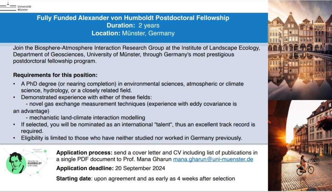 Mana Gharun (@managharun) on Twitter photo 📢 I have a fully funded 2-year #postdoc position open in my group. Apply if you have demonstrated experience with novel gas exchange measurement techniques OR mechanistic #ecosystem #modelling. Topic is flexible 😉
<a href="/Fluxnet_ecn/">FLUXNET Early Career Network</a> <a href="/AvHStiftung/">Humboldt-Stiftung</a> <a href="/ICOS_RI/">ICOS RI</a> 📢 I have a fully funded 2-year #postdoc position open in my group. Apply if you have demonstrated experience with novel gas exchange measurement techniques OR mechanistic #ecosystem #modelling. Topic is flexible 😉
<a href="/Fluxnet_ecn/">FLUXNET Early Career Network</a> <a href="/AvHStiftung/">Humboldt-Stiftung</a> <a href="/ICOS_RI/">ICOS RI</a>