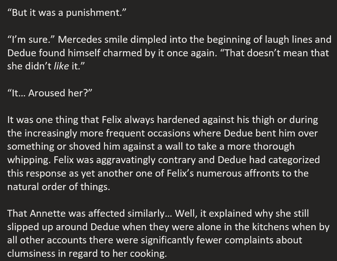 I have many fic-irons heating in the forge, but have some Felix-clowning from my new favorite project I've temporarily labelled "Dedue Spanks Everyone"