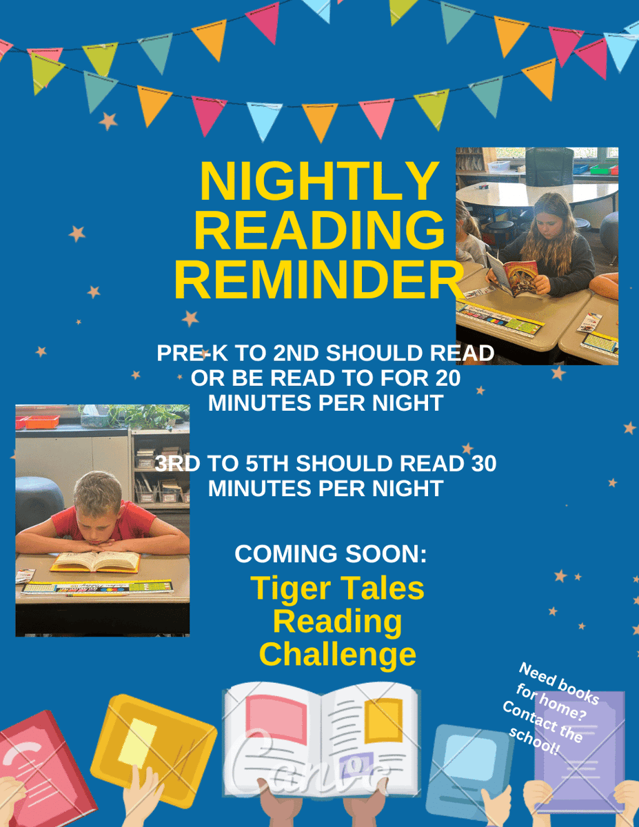 📚Parents: One of the most impactful ways in which you can help your child(ren) grow academically is to encourage them to read every day after school! 📚 

Coming Soon: #TigerTalesReadingChallenge!   

#HowMuchWeCanGrow #WatchSunmanDearborn 
#MakeASplash 
#EveryPageCounts