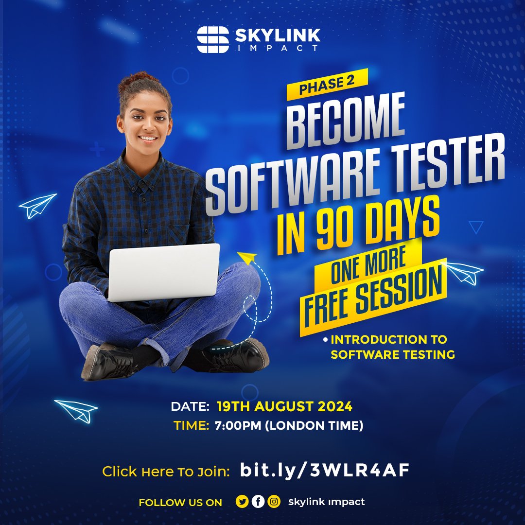 SkylinkConsult's tweet photo. Did you miss the first free session? 
of Becoming a  Software test in 3 months in 2024. Don't worry we will be having another session this coming 19th Monday August 2024

click the link to  join bit.ly3WLR4AF https://t.co/mkN6XSNzBp