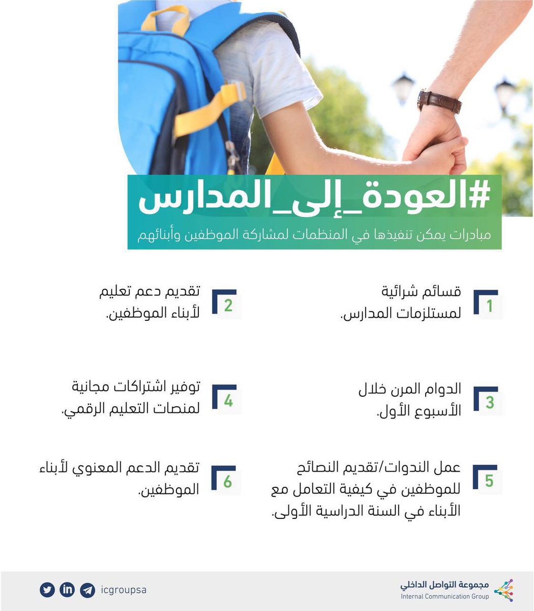 وضعنا لكم عددًا من الأفكار التي تتناسب مع بداية العام الدراسي الجديد، وليست محصورًة فقط على بداية العام بل تستطيع المنظمة أن تصمم خطة اتصالية مستمرة مع أسرة الموظف.

#العودة_للدراسة