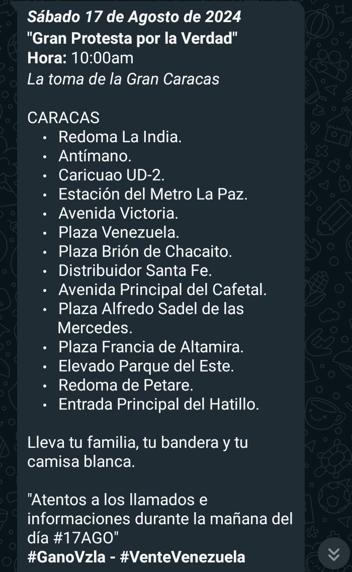 Esta convocatoria salió de un canal telegram de infiltrados y se hizo cadena de whatsapp.

INFO FALSA ❌

El único punto de concentración en #Caracas mañana #17ago será en la Av. Francisco de Miranda frente al CC Líder

#FakeNews No a la desinformación ❌