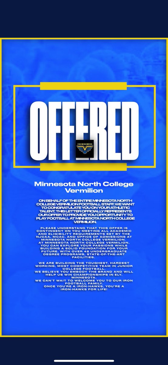 After a talk with <a href="/coachbusby22/">Coach Busby</a> I am bless to receive an offer from @MNVermilionAthl !! <a href="/johnson_three/">Tyree Johnson</a> <a href="/DexPreps/">DexPreps</a> <a href="/CoachKenCofer/">Ken Cofer, Ed.D.</a> <a href="/HallTechSports1/">Hall-Tech Sports</a> <a href="/helmet2helmt251/">Helmet2Helmet251</a> <a href="/TDARecruiting/">Touchdown Alabama Recruiting</a> <a href="/CM_gridiron/">CM Gridiron</a> <a href="/BearcatRecruits/">Weaver HS Football/Athlete Recruiting</a> <a href="/JAN3A/">Jane'a</a>