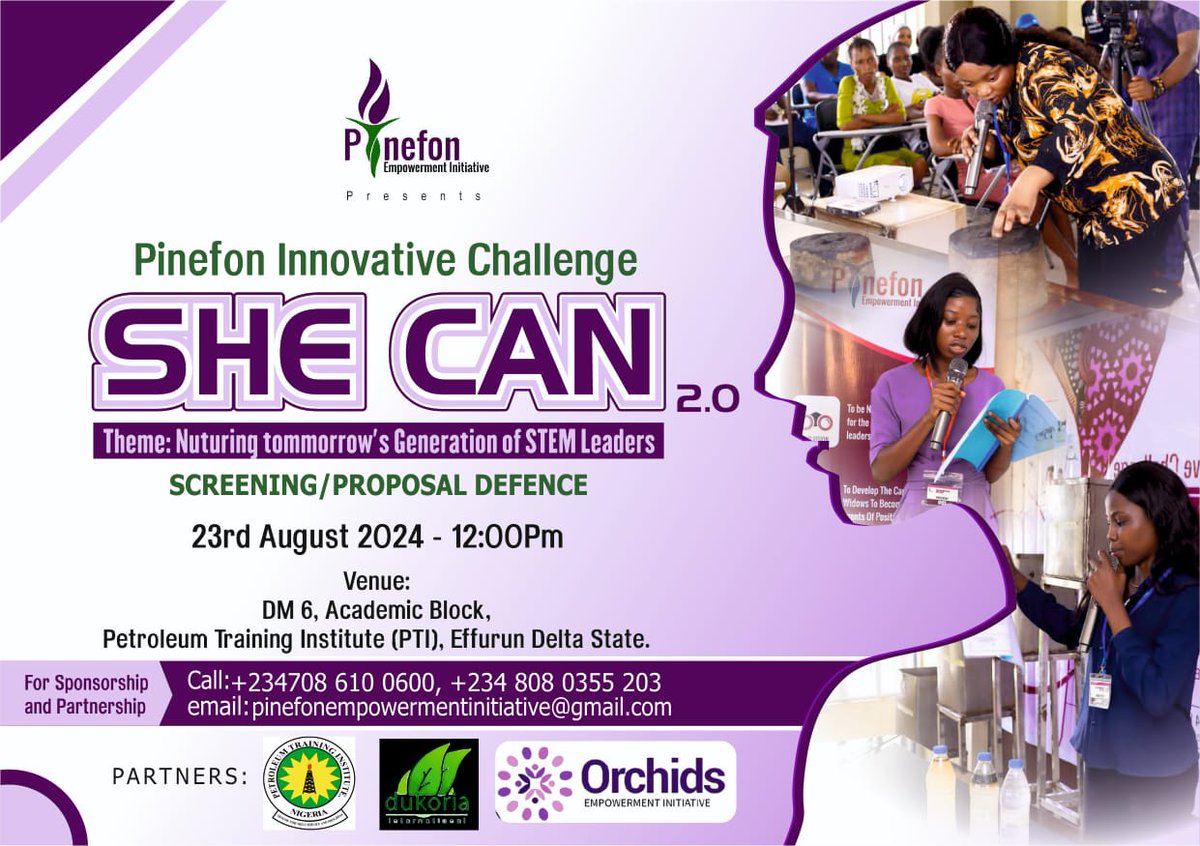 mfonky1's tweet photo. The semi-final stage of the second edition of Pinefon Innovation Challenge (She Can 2.0) for female students in tertiary Institutions in Delta State takes place on Friday 23rd August, 2024.
#PinefonInnovationChallenge
#SheCan
#GirlsinSTEM https://t.co/JVHfVwbVvQ