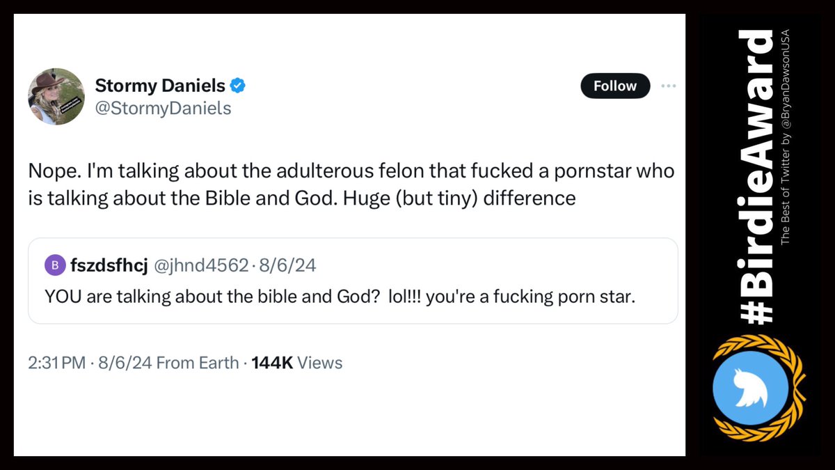 BirdieAwards's tweet photo. “‘HUGE’ (but tiny)”

@StormyDaniels for the win!

#BirdieAwards @BryanDawsonUSA https://t.co/uPtJMD0YVa