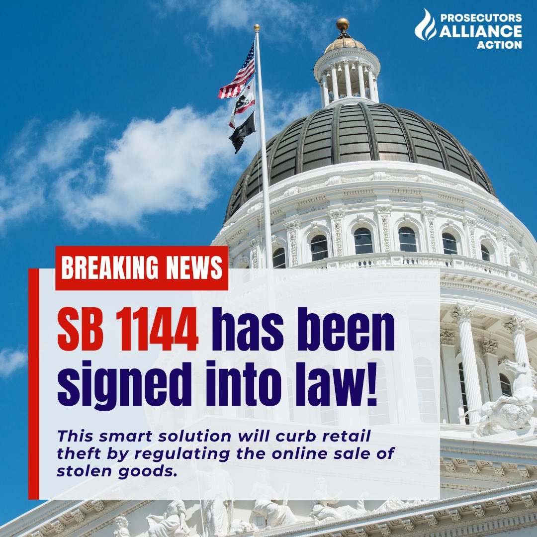 ProsecutorsAct's tweet photo. Our sponsored bill #SB1144 by @NancySkinnerCA has been signed into law by @CAgovernor! This law will regulate online marketplaces so that individuals cannot sell stolen goods online. Thank you to the legislature and Gov. Newsom for enacting this smart solution to retail theft! https://t.co/8yk6rtwIBd