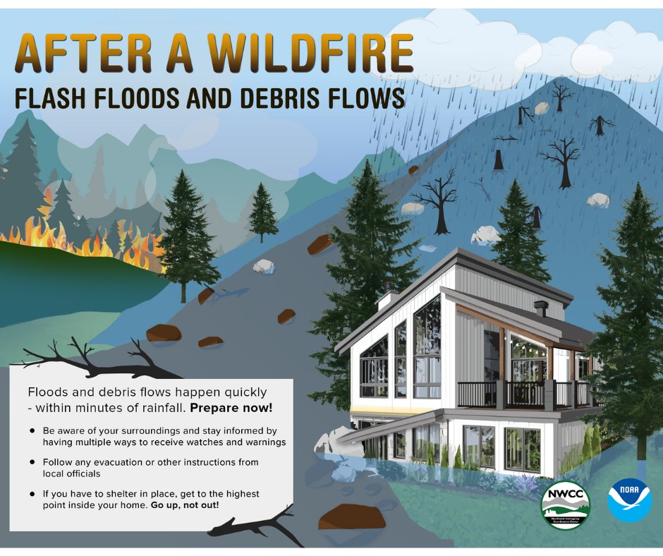 After a wildfire, the risk of flash floods and debris flows is high, especially during heavy rain. If you're in a fire-affected area, stay alert, avoid flood-prone zones, and be prepared to evacuate. Your safety is the top priority! #PNW #FlashFloodSafety #WildfireRecovery