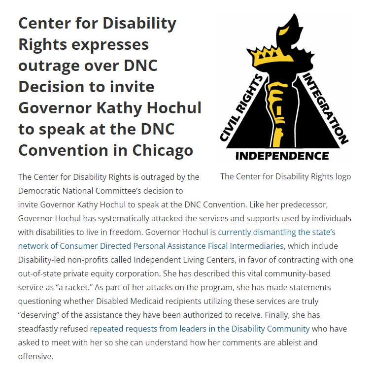 The Center for Disability Rights (@cdrnys) on Twitter photo CDR is outraged at the <a href="/DNC/">Democratic Party</a>'s decision to have <a href="/GovKathyHochul/">Governor Kathy Hochul</a> speak on Monday night. Gov. Hochul has continuously doubled down on her attacks against the #DisabilityCommunity and refused to meet with #Disability community leaders.
Read our statement: bit.ly/3yxbUff CDR is outraged at the <a href="/DNC/">Democratic Party</a>'s decision to have <a href="/GovKathyHochul/">Governor Kathy Hochul</a> speak on Monday night. Gov. Hochul has continuously doubled down on her attacks against the #DisabilityCommunity and refused to meet with #Disability community leaders.
Read our statement: bit.ly/3yxbUff