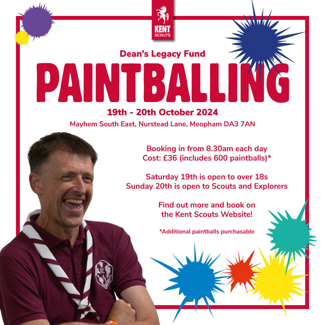 On the weekend of October 19th and 20th 2024 Kent Scouts will be paintballing to help raise funds in the name of our late County Commissioner, Dean Harding, as part of his legacy. 

Find out more and book kentscouts.org.uk/paintball
#Charity #iScout #Explorers #Network #Volunteer