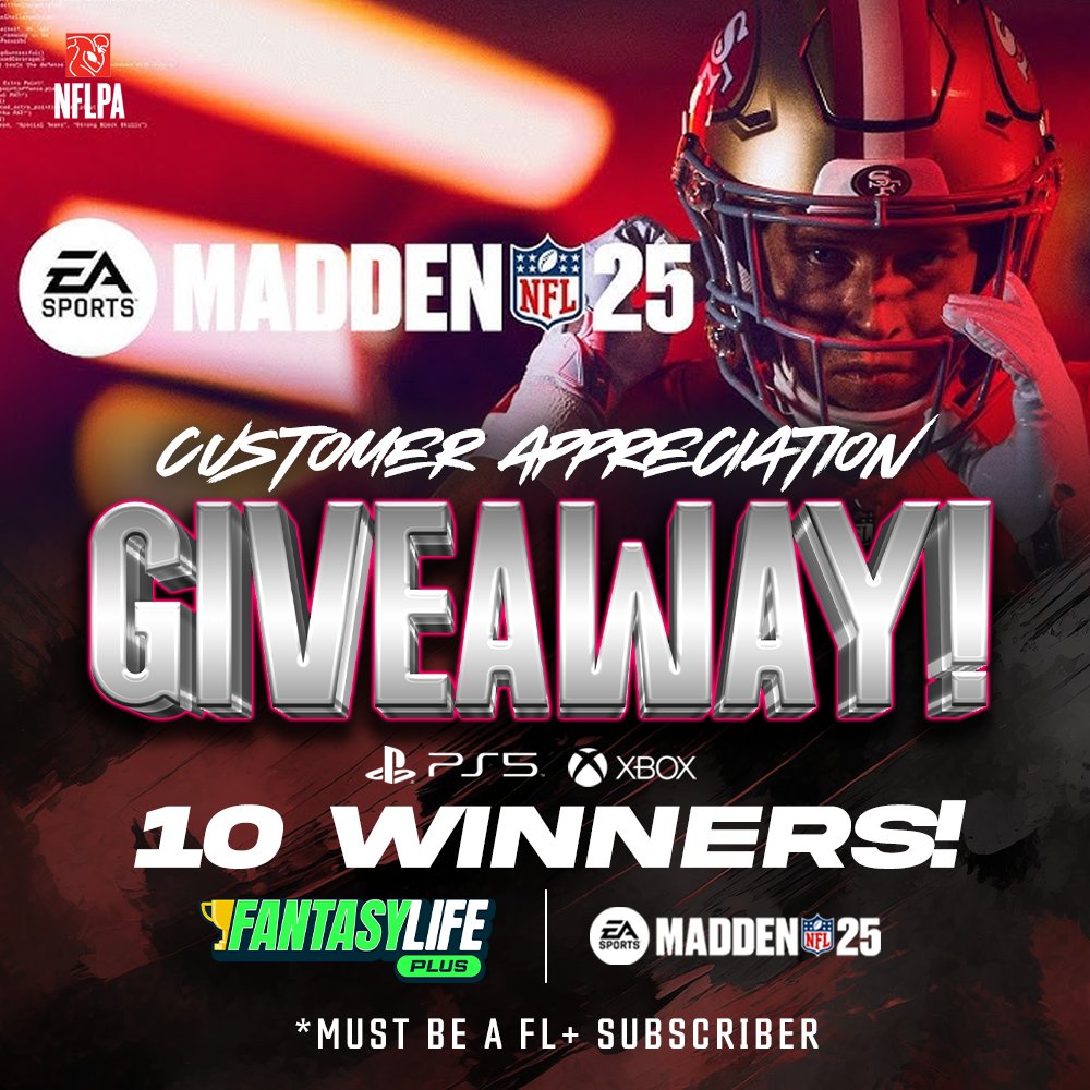 MBFantasyLife's tweet image. 🔥Customer Appreciate Giveaway🔥

We are giving away 10 @EAMaddenNFL 25 codes to 10 FL+ subscribers!

Rules: 
1⃣ RT
2⃣Be a FL+ subscriber

It's not too late to enter! We will pick 10 random FL+ subscribers tomorrow (8.17) at 7pm EST!
🔗fantasylife.com/pricing