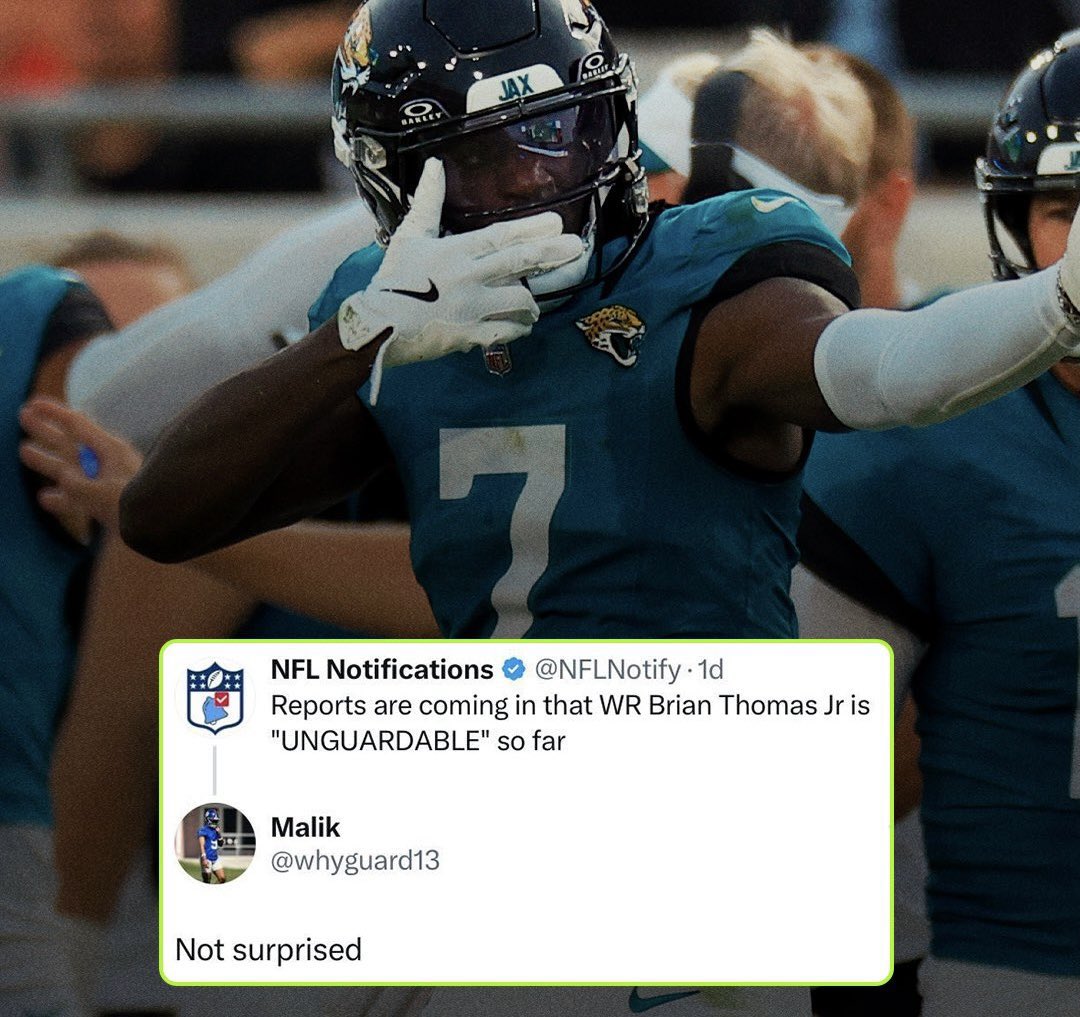 JaguarsJase410's tweet photo. Nabers knows BTJ is HIM!! #DUUUVAL #BT7 #CATCHHIMIFYOUCAN #OROYINCOMING https://t.co/xet0BIIMOg