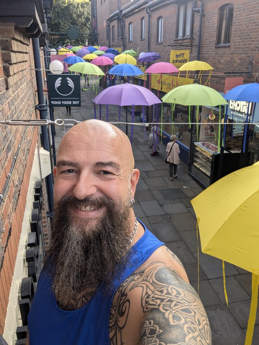 JayCsaid's tweet image. A lovely sunny evening to be installing the next #brollywalk @coppergatecentre in #York - this one featuring brollies with ribbons inspired by jellyfish!