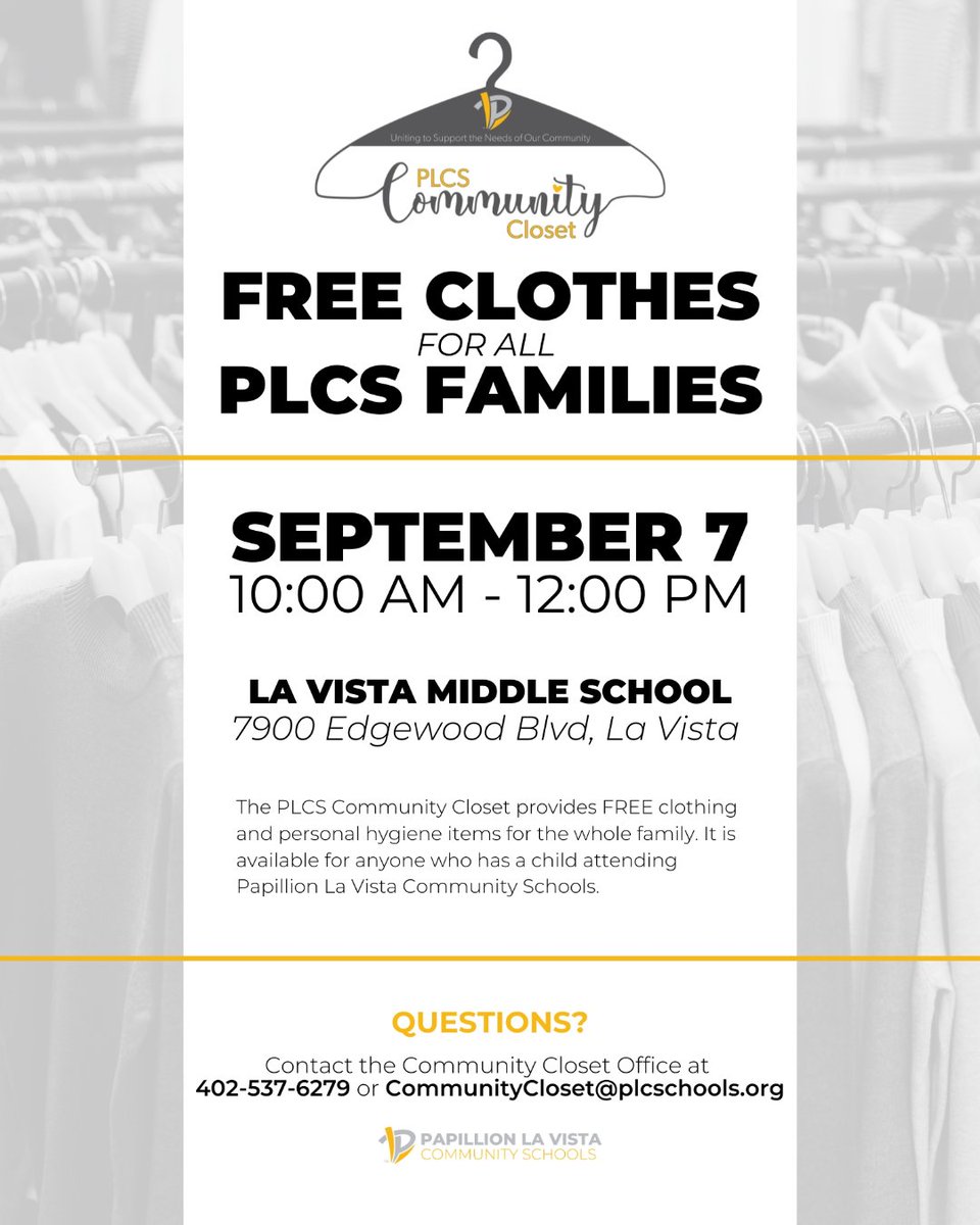 PLCSchools's tweet image. Join us for our next PLCS Community Closet Giveaway Event!

📅 Saturday, September 7th
🕙️ 10:00 AM - 12:00 PM
📍 La Vista Middle School

#PLCSGreat ⭐️