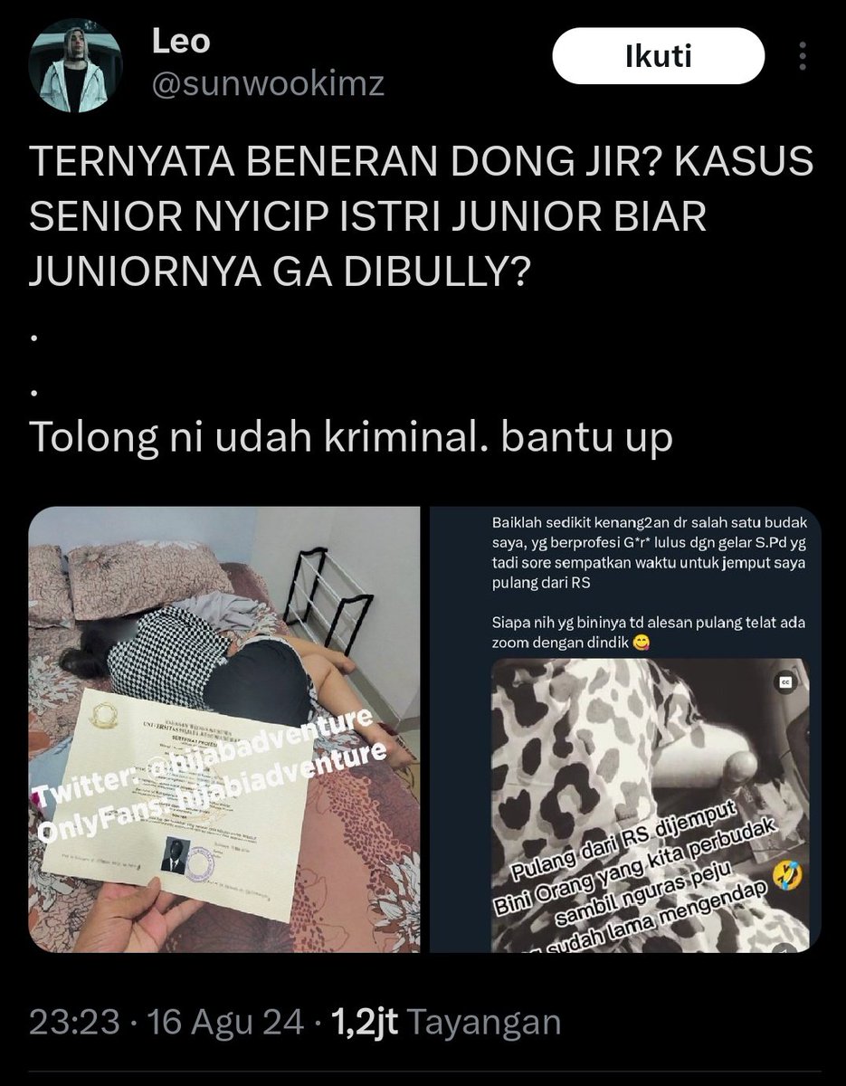 dhemit_is_back on X: Banyak yg tag kami soal postingan @sunwookimz yg  share postingan hijabadventure soal Dokter PPDS ganti pasangan atau dijual  buat konten Kami jawab : Kami tidak tahu kebenaran pasti krn