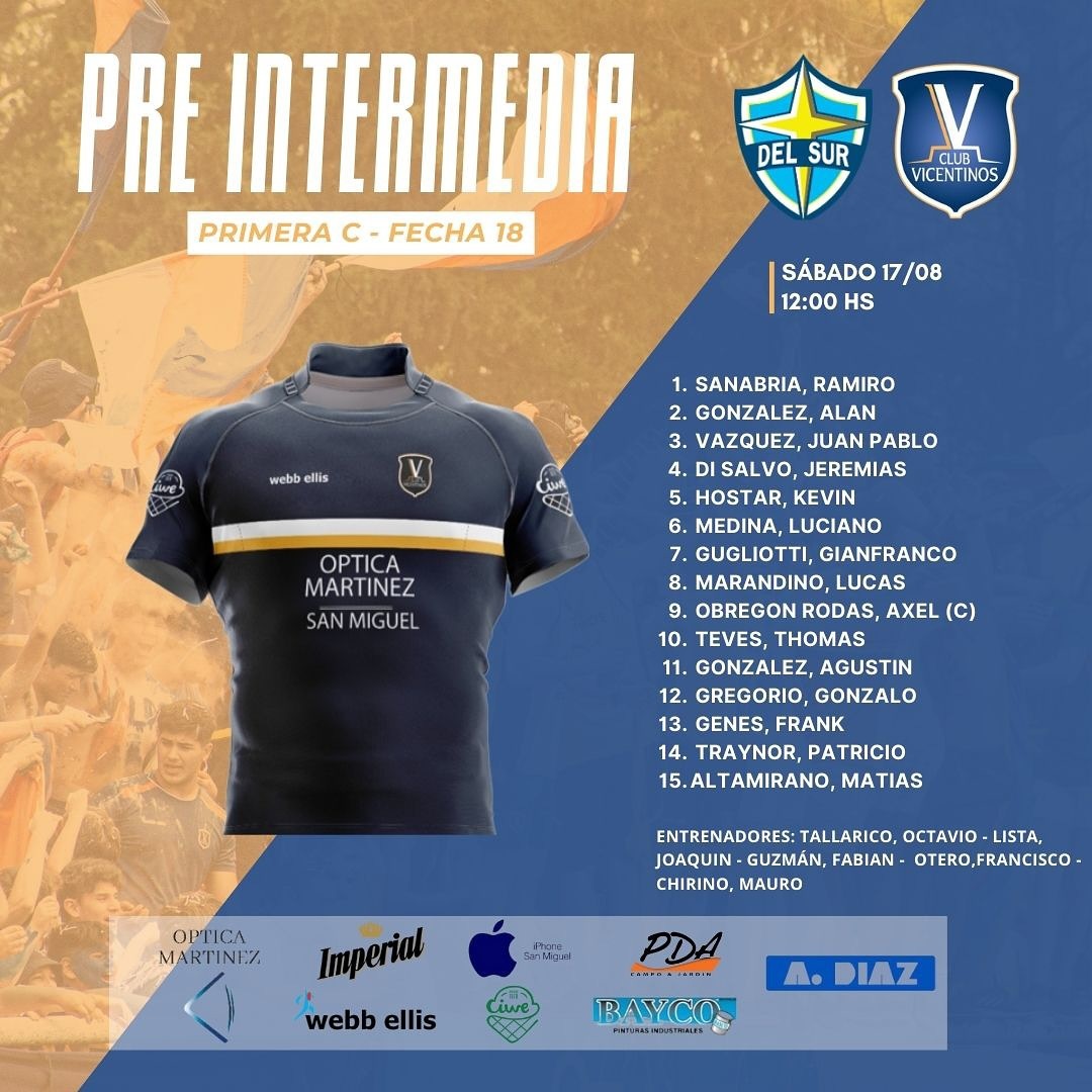 Volvemos a jugar este sábado, en esta oportunidad visitamos a <a href="/delsurclub/">Del Sur Club</a> por la Fecha 18 del Torneo de la Primera C de la URBA.

⏰ Pre 12hs - Inter 13.45 - Primera 15.30

💪🏽 ¡Dejanos tu mensaje de aliento!

#vamosvicente