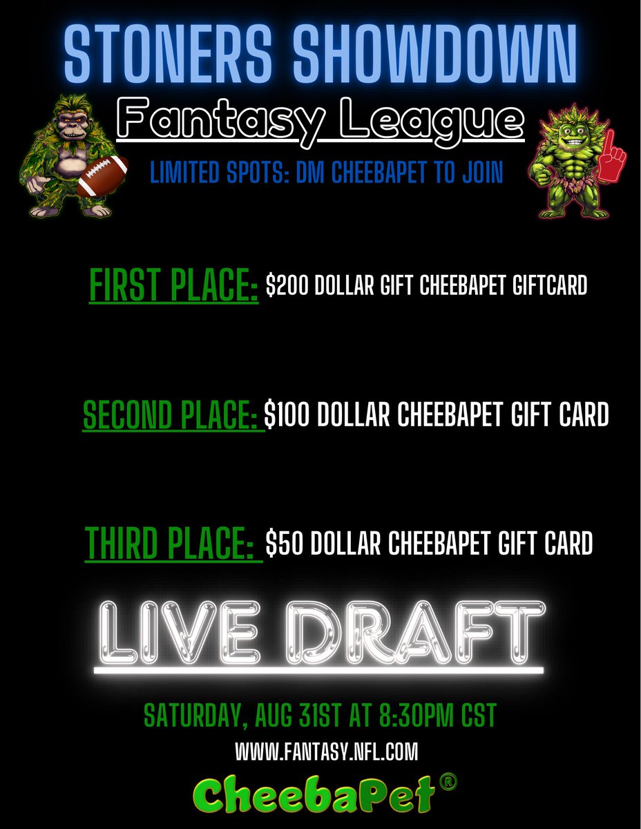 CheebaPet's tweet image. CheebaPet first ever fantasy football Stoners Showdown! LIVE DRAFT: Friday August 31st at 8:30PM CST! 

DM To Participate! #Footballisback #CheebaPet