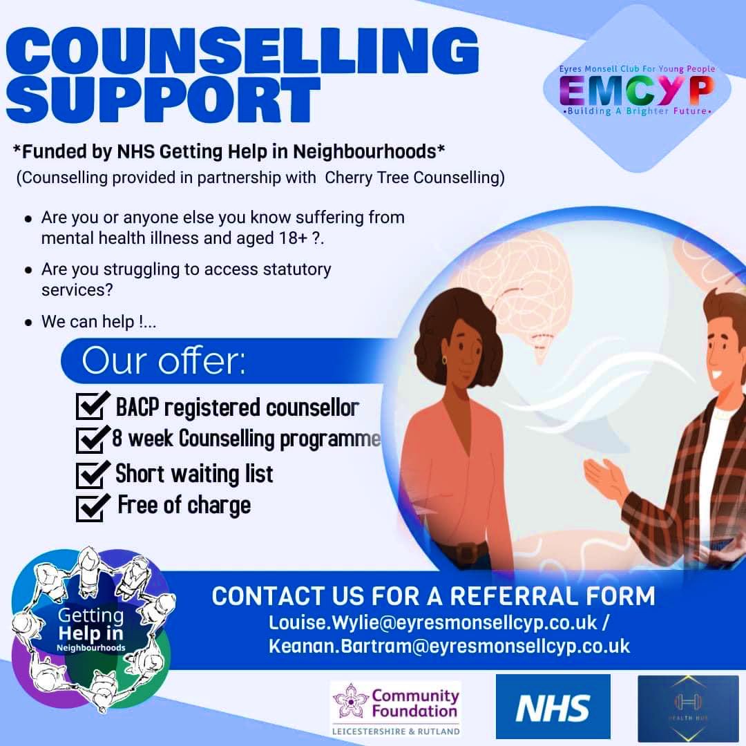 *FREE COUNSELLING SERVICE*

(Open to all adults across Leicester &amp; Leicestershire)

The project is designed to support adults (18+) who are suffering with their mental health and wellbeing, and would benefit from weekly 1-1 sessions. 

💚Please do help spread the word !.💚