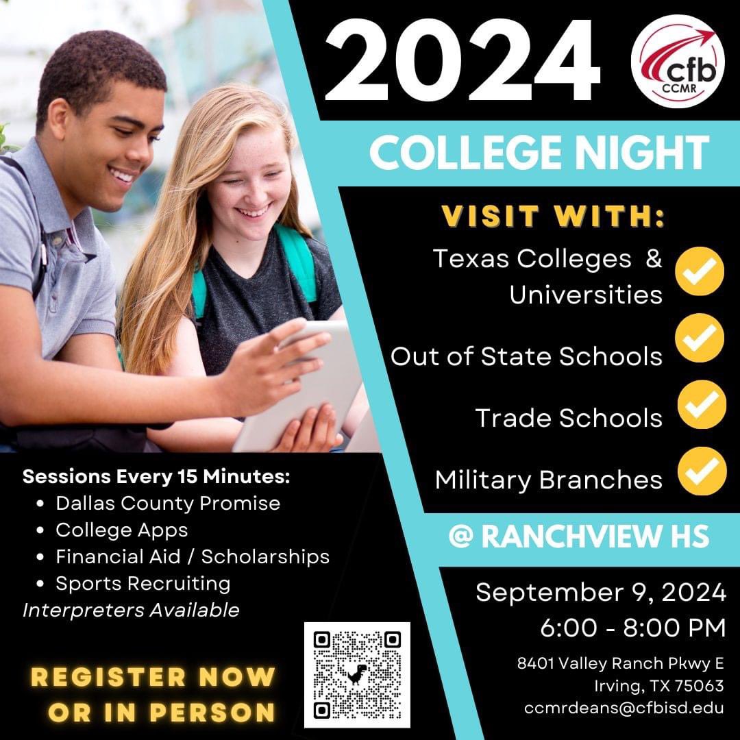 Attention all CFBISD High School students! 🎓

Join us for College Night where you and your family will have the opportunity to meet representatives from a wide range of institutions. Whether you're interested in Texas Colleges &amp; Universities, Out of State Schools, Trade Schools,