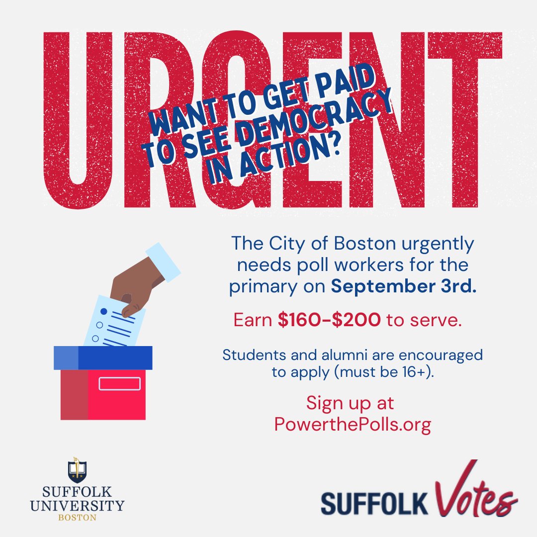 rachaelcobb's tweet image. Poll Workers Needed! @PowerThePolls @Suffolk_U