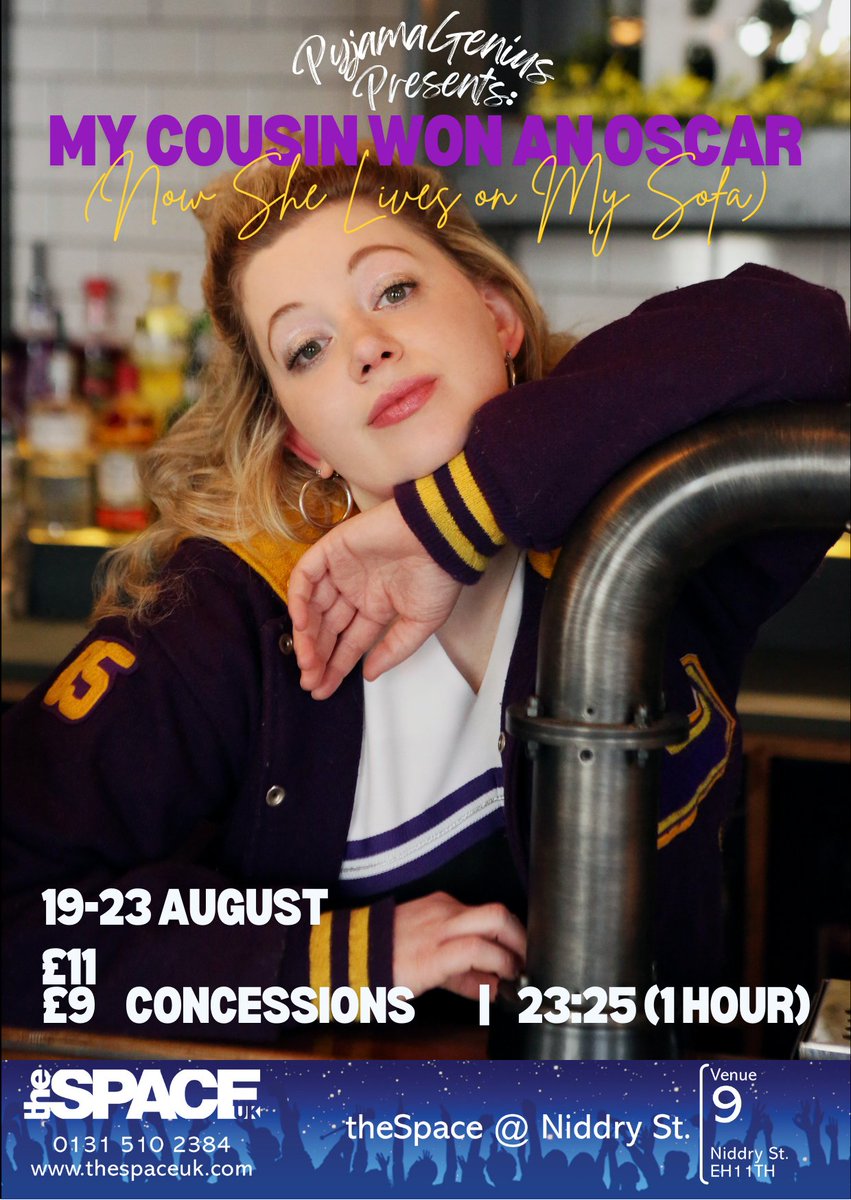 Broke Oscar Winner Haunted By Her Own Success - LITERALLY👻
Check out "My Cousin Won An Oscar (Now She Lives on My Sofa)" 
I'm a self-funded, one-gal-band with a quippy wee solo show I'm super proud of🤩

📍TheSpace at Niddry Street
⏰23:25 (1hr)
🗓️19th - 23rd Aug 
#TweettheMedia